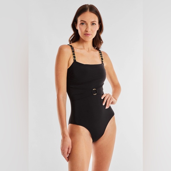 NWT Noli Mallorca One Piece Bathing Suit Swim Maillot Gold Hardware Black M - Picture 2 of 4